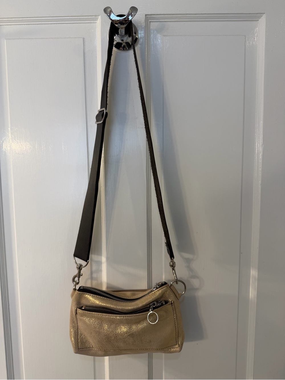 Lynn Tallerico Metallic Gold Leather Crossbody Bag Double Zip Handmade USA